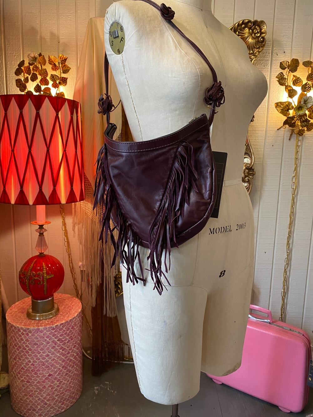 vintage 1980s maroon leather fringe purse, 80s hobo bag, western boho, shoulder